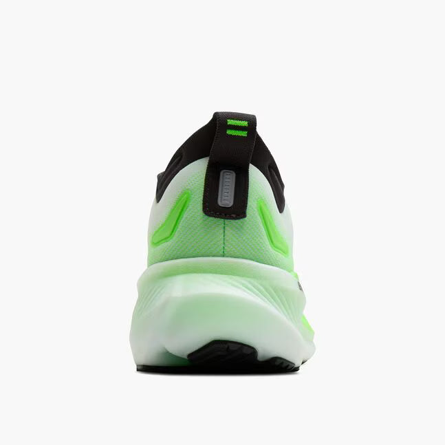 Back view of a green and black athletic shoe on a white background