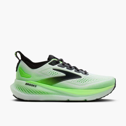 Green and black running shoe with 'Brooks' branding on a white background