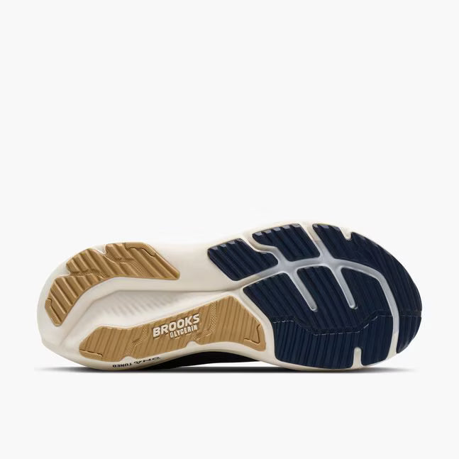 Sole of a running shoe with 'Brooks' branding on a white background