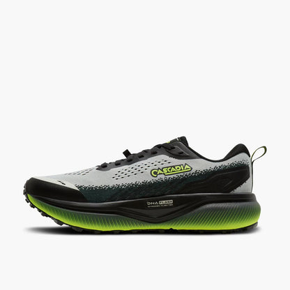 A Cascadia trail running shoe in white, black, and neon green, shown from a side profile on a light gray background.