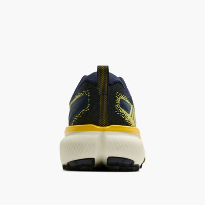 Navy and yellow Brooks Cascadia 20 running shoe on a white background