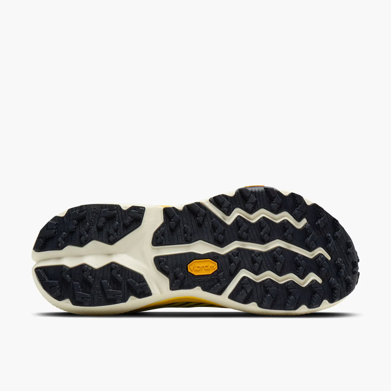 The outsole of a Brooks Cascadia 20 shoe shown from a bottom-up view, featuring a black Vibram tread pattern with a white midsole and a small yellow Vibram logo.