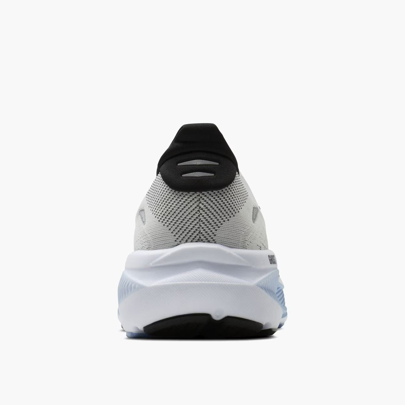 Back view of a White and blue Brooks Ghost 18 men's  athletic shoe on a white background