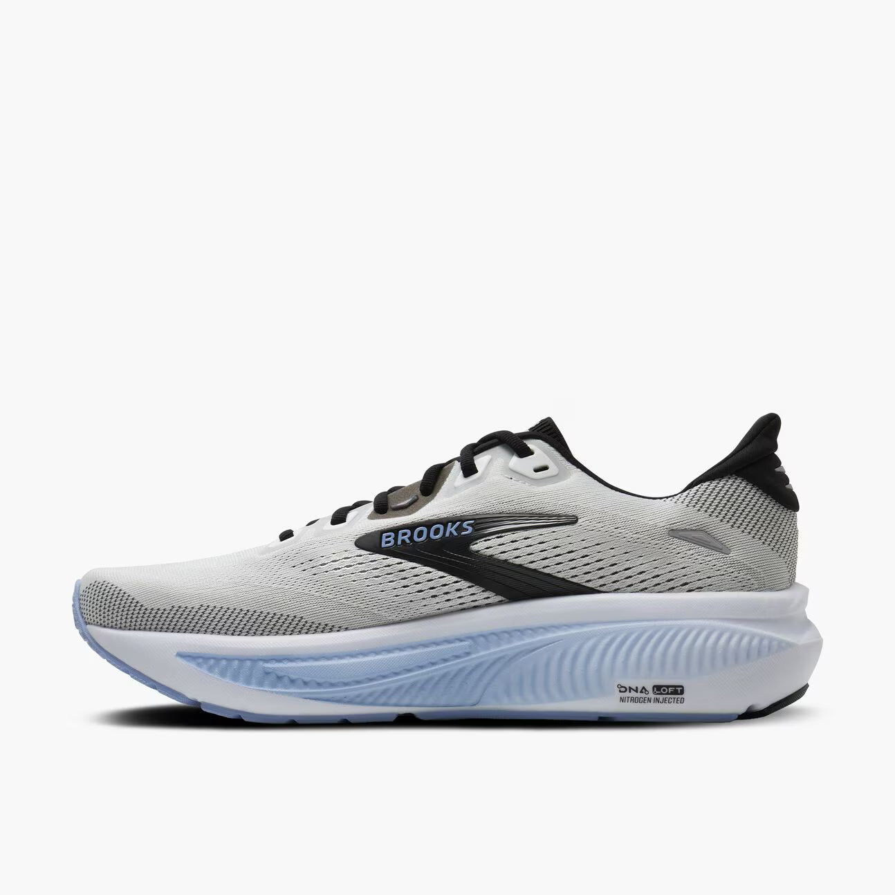 White and blue Brooks Ghost 18 men's running shoe with blue sole on a white background
