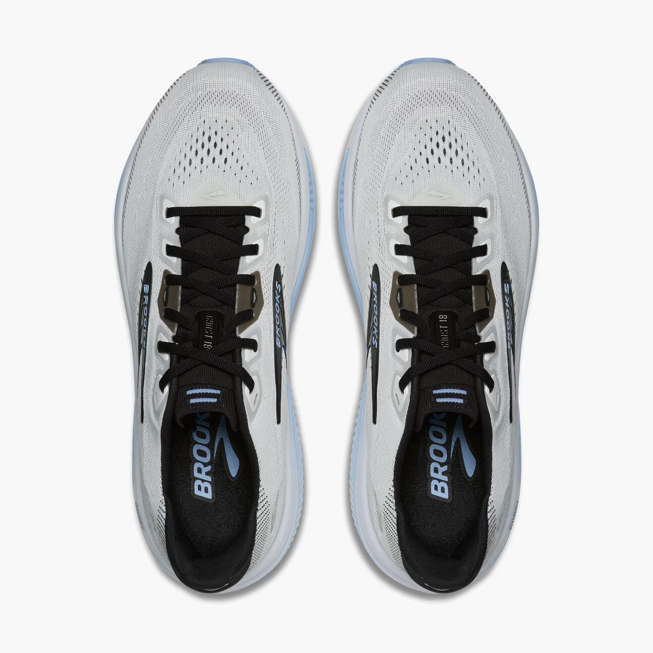 Pair of White and blue Brooks Ghost 18 men's running shoes with black laces and visible 'Brooks' branding on a white background.