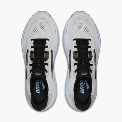 Pair of White and blue Brooks Ghost 18 men's running shoes with black laces and visible 'Brooks' branding on a white background.