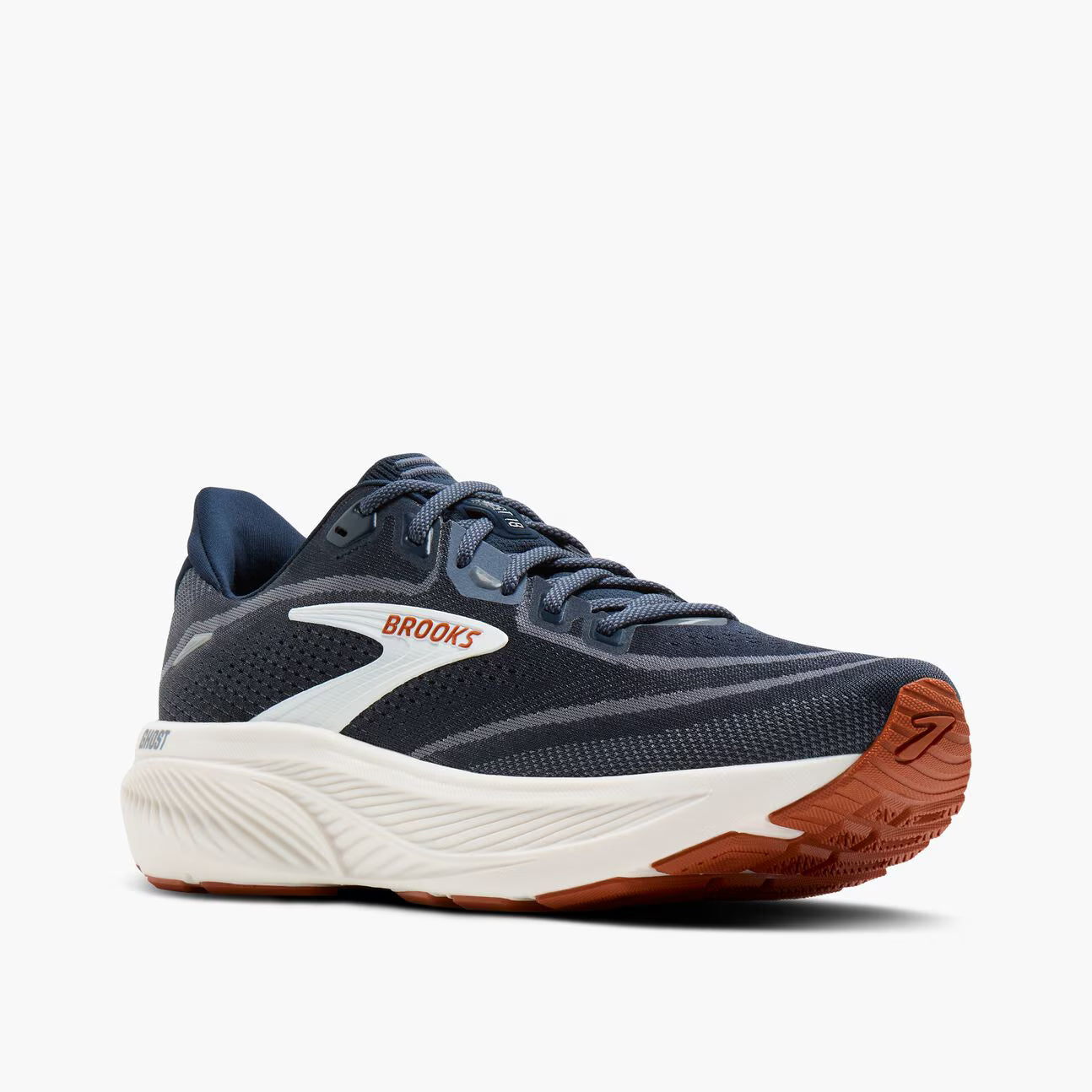 Navy Brooks Ghost 18 men's running shoe with brown sole on a white background