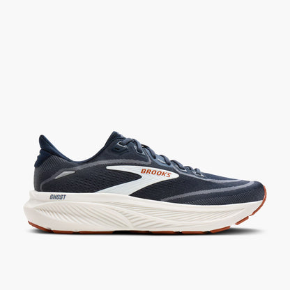 Navy Brooks Ghost 18 men's running shoe with white sole on a white background
