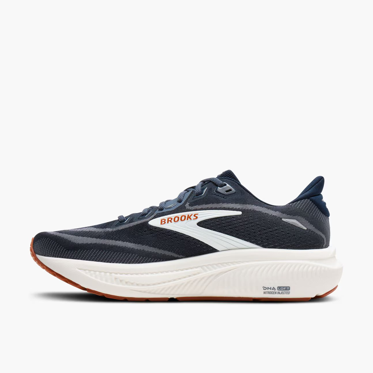 Navy Brooks Ghost 18 men's running shoe with 'Brooks' branding on a white background