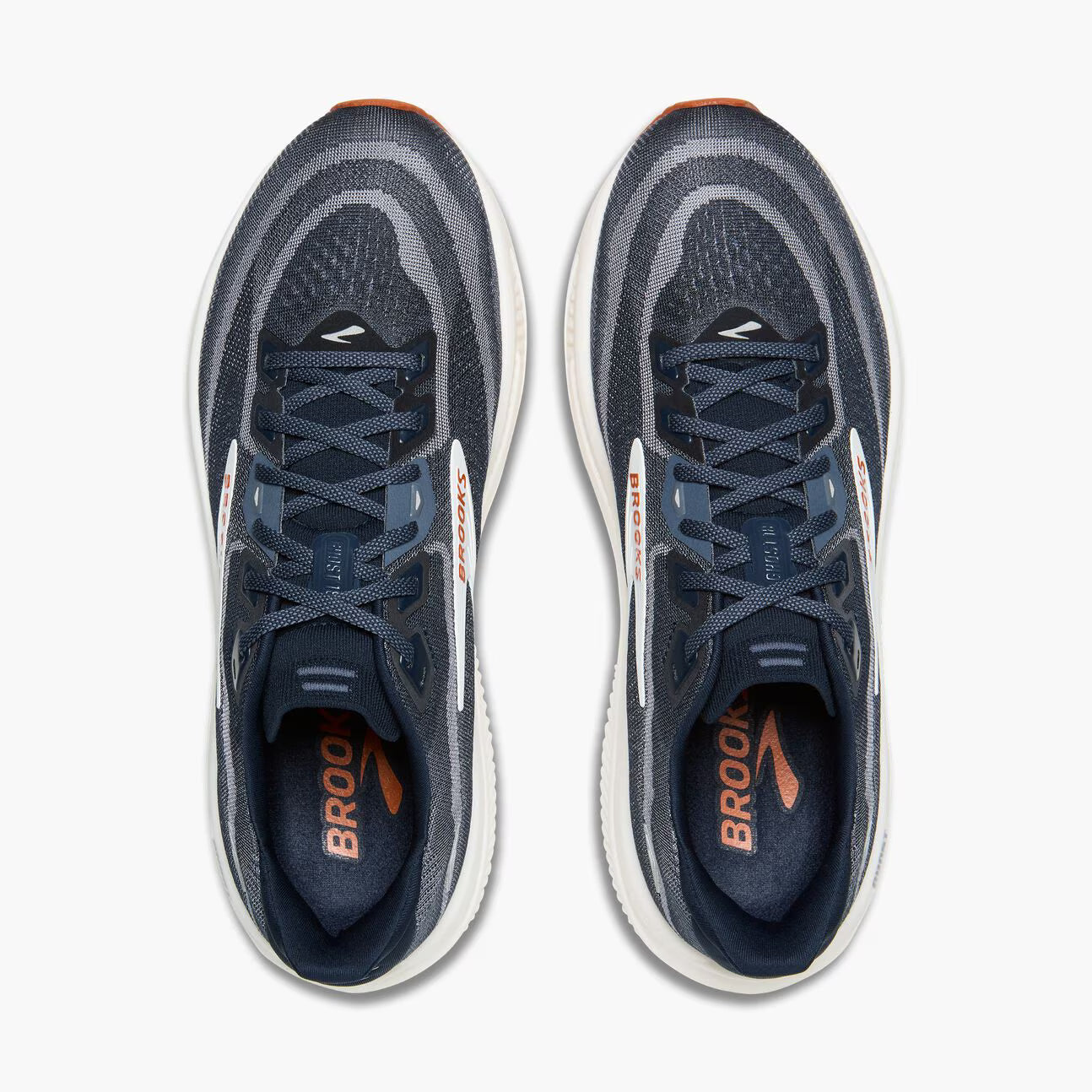 Pair of Navy Brooks Ghost 18 men's running shoes with white soles on a white background