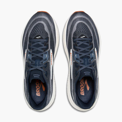 Pair of Navy Brooks Ghost 18 men's running shoes with white soles on a white background