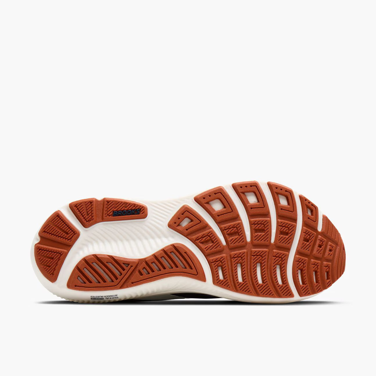 Sole of a Navy Brooks Ghost 18 men's running shoe with brown tread pattern on a white background