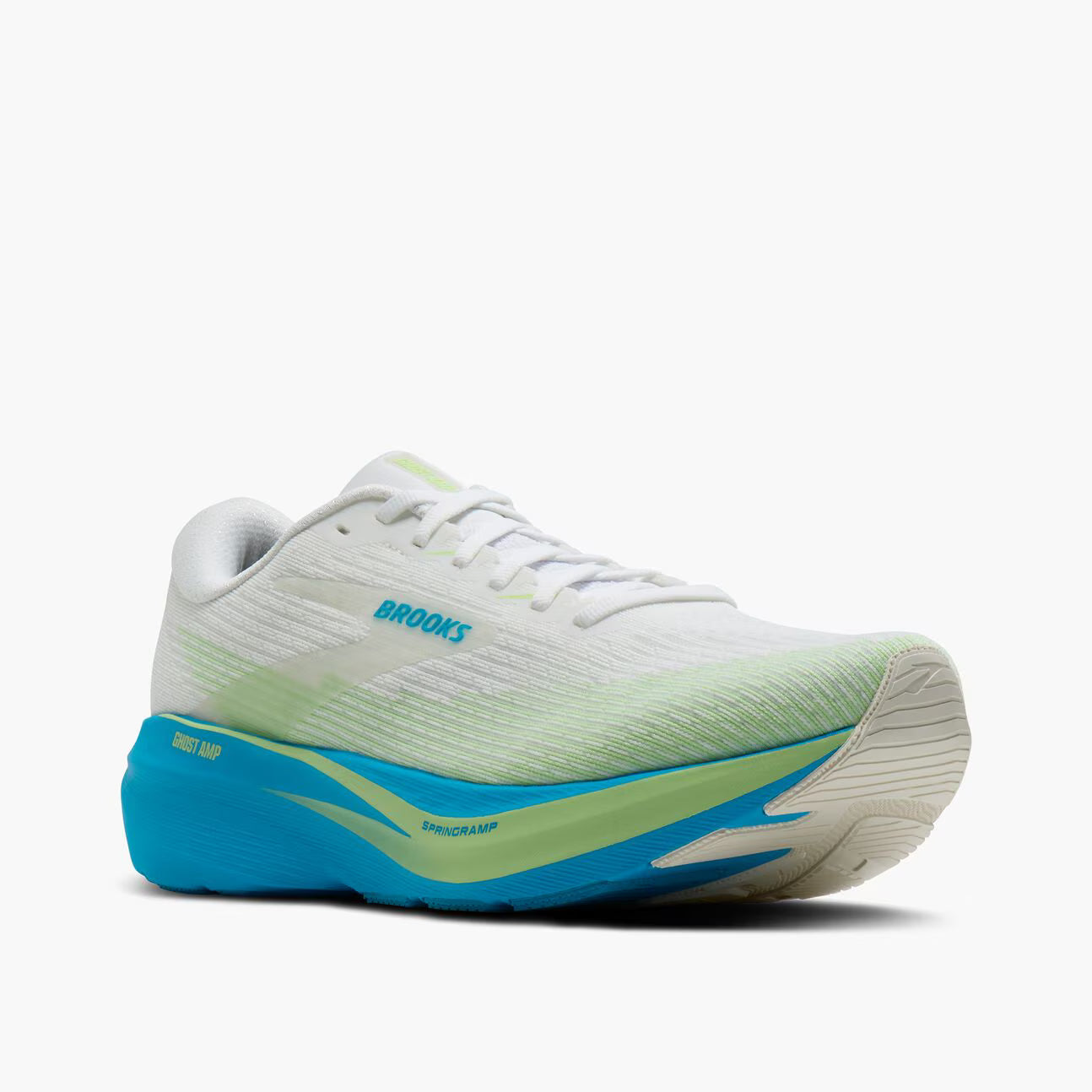 Brooks Ghost Amp running shoe in white, light green, and bright blue, shown from a three-quarters angle on a light gray background.