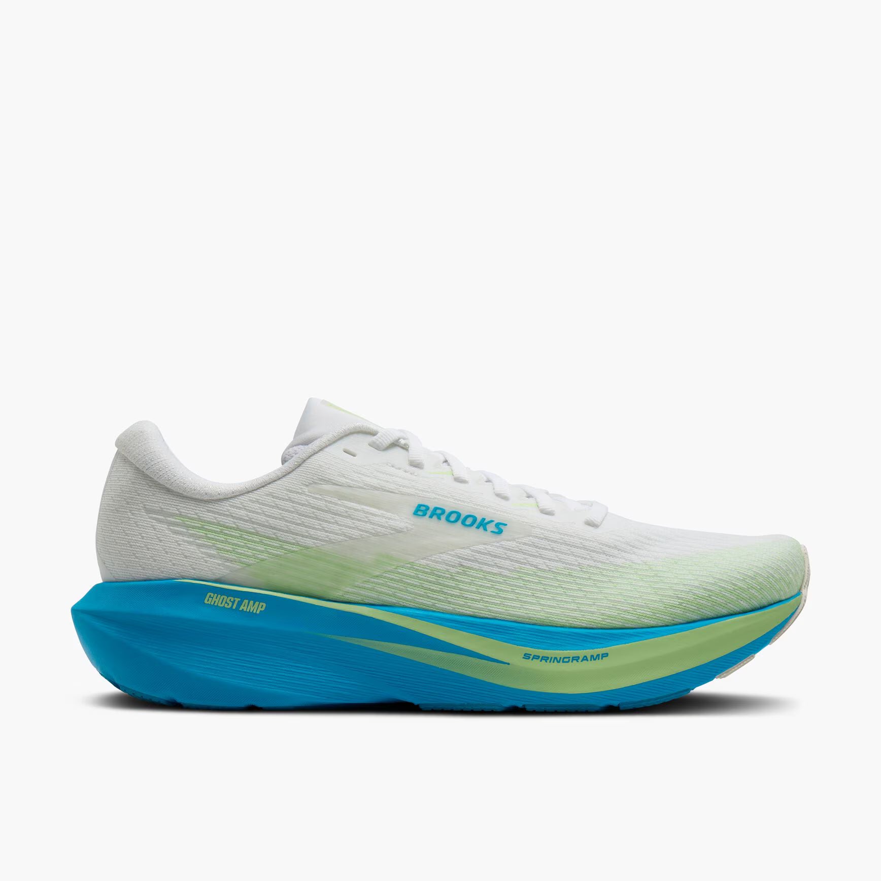Brooks Ghost Amp running shoe in white with a light green and blue midsole, shown from the side on a white background.