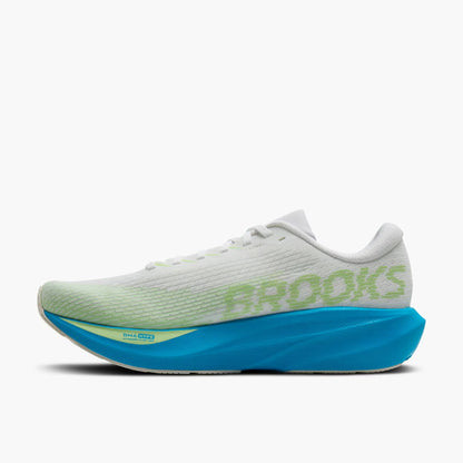 Brooks Ghost Amp running shoe in white with a light green gradient and a bright blue midsole, shown from the side on a light gray background.