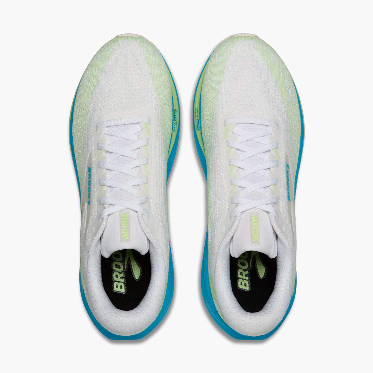 White Brooks Ghost Amp running shoes with blue accents on a white background