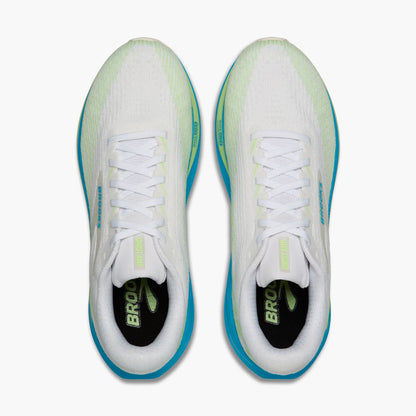 White Brooks Ghost Amp running shoes with blue accents on a white background