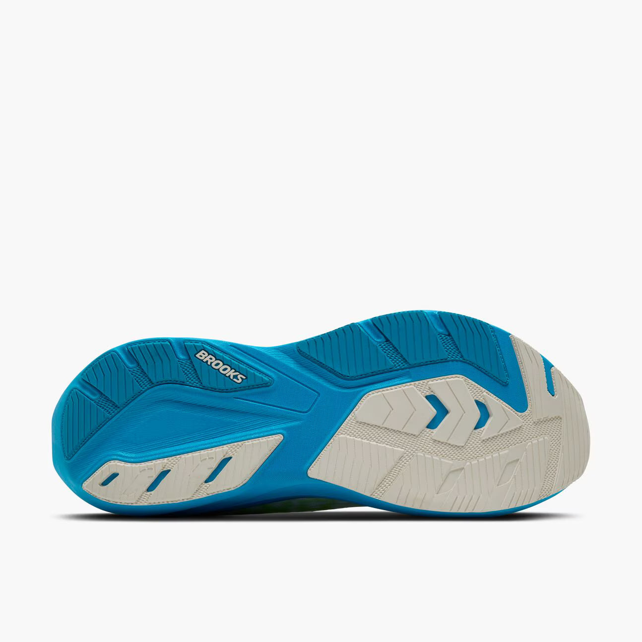 The outsole of a Brooks Ghost Amp running shoe, featuring a bright blue and off-white design with the Brooks logo visible on the heel.