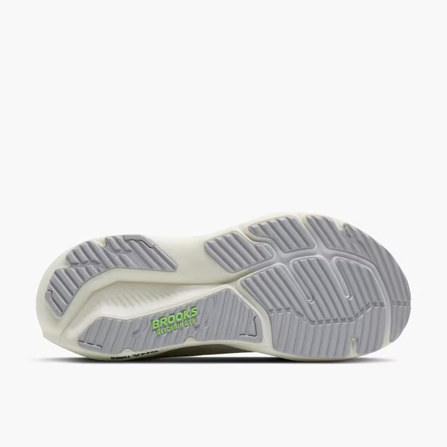 Sole of a running shoe with 'Brooks' branding on a white background