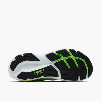 Black and green running shoe sole with 'Brooks' branding on a white background