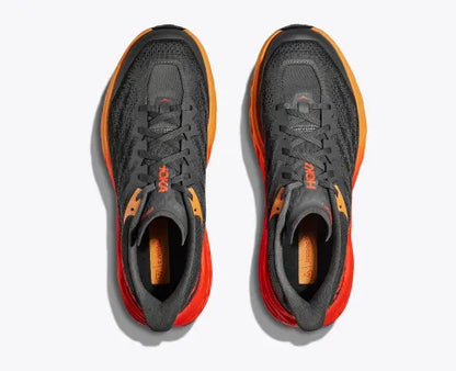 Hoka men's Speedgoat 5 wide fit trail running shoe orange, red, and grey