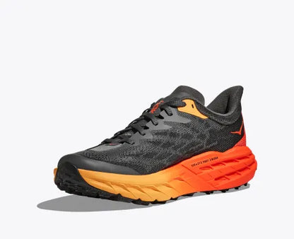 Hoka men's Speedgoat 5 trail running shoe orange, red, and grey