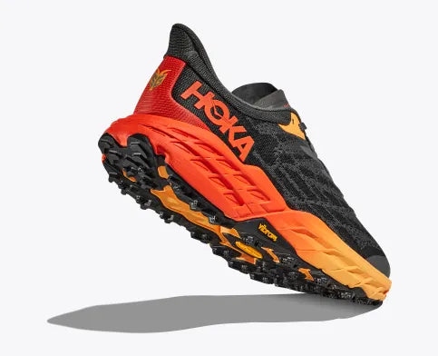 Hoka men's Speedgoat 5 wide fit trail running shoe orange, red, and grey