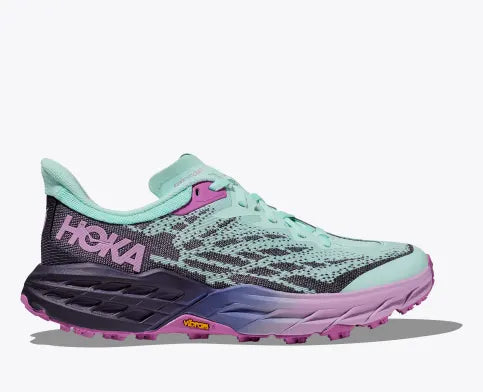 Hoka women's Speedgoat 5 trail running shoe black, purple, light blue