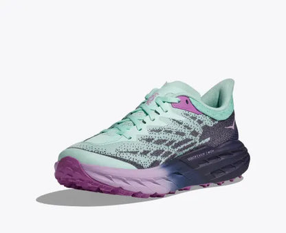 Hoka women's Speedgoat 5 wide fit trail running shoe black, purple, light blue