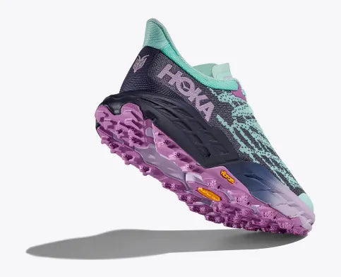 Hoka women's Speedgoat 5 trail running shoe black, purple, light blue