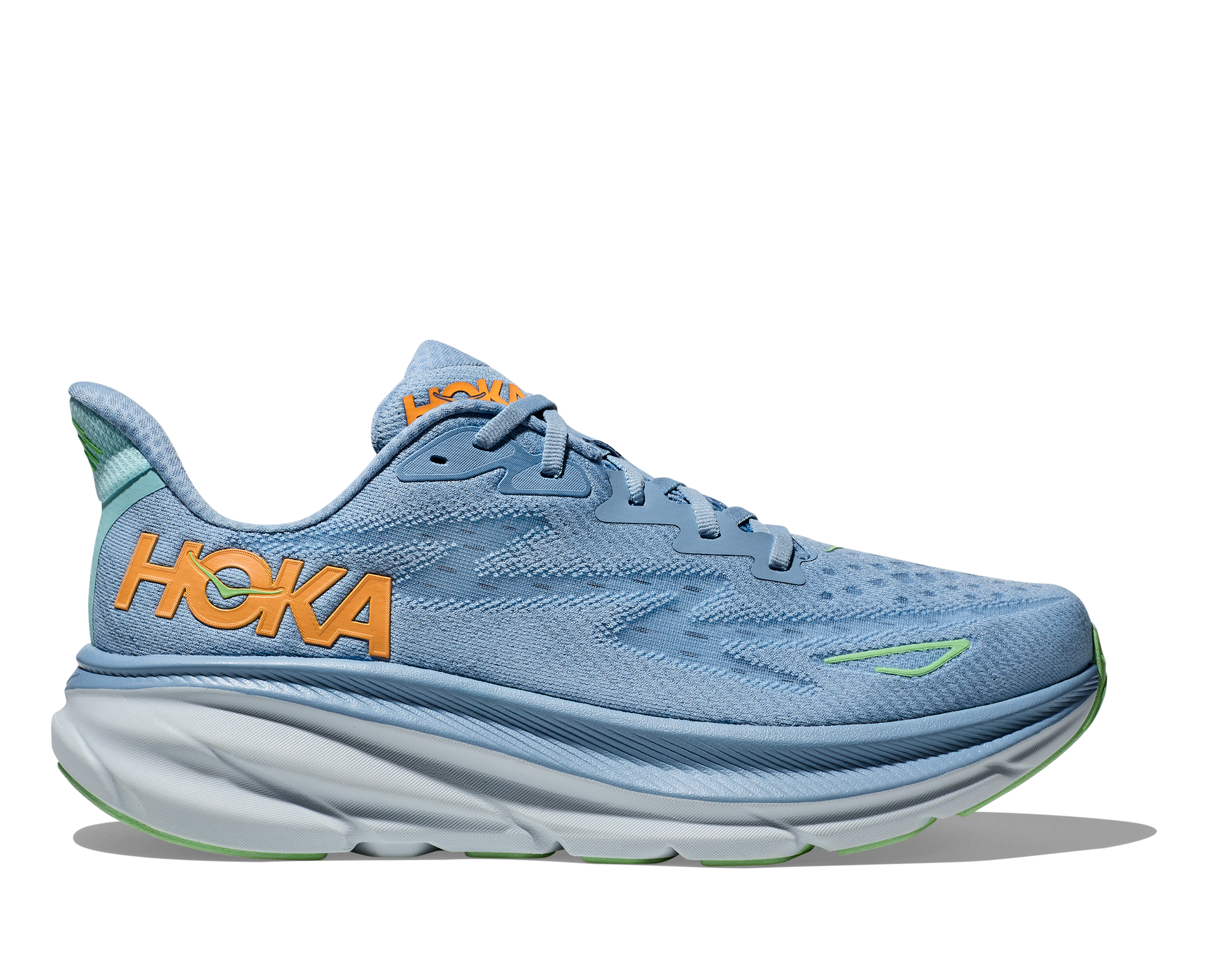 Hoka Men's Clifton 9 light blue and orange side view