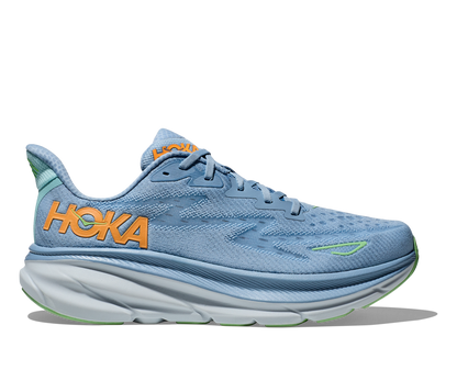 Hoka Men's Clifton 9 light blue and orange side view