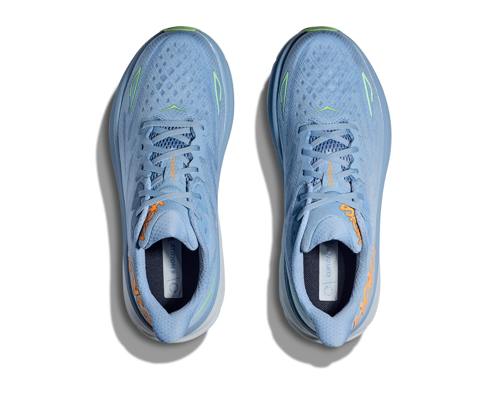 Hoka Men's Clifton 9 light blue and orange top view pair