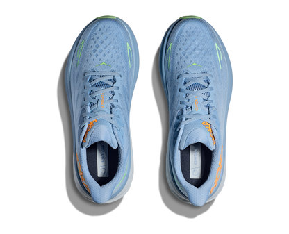 Hoka Men's Clifton 9 light blue and orange top view pair