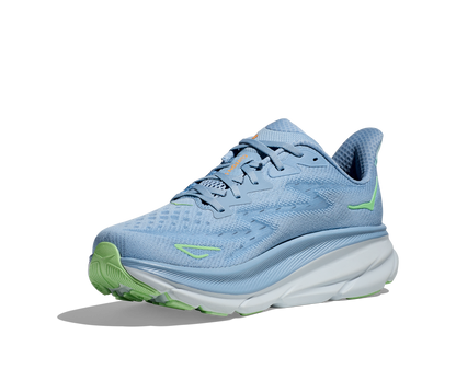 Hoka Men's Clifton 9 light blue and orange medial angled view