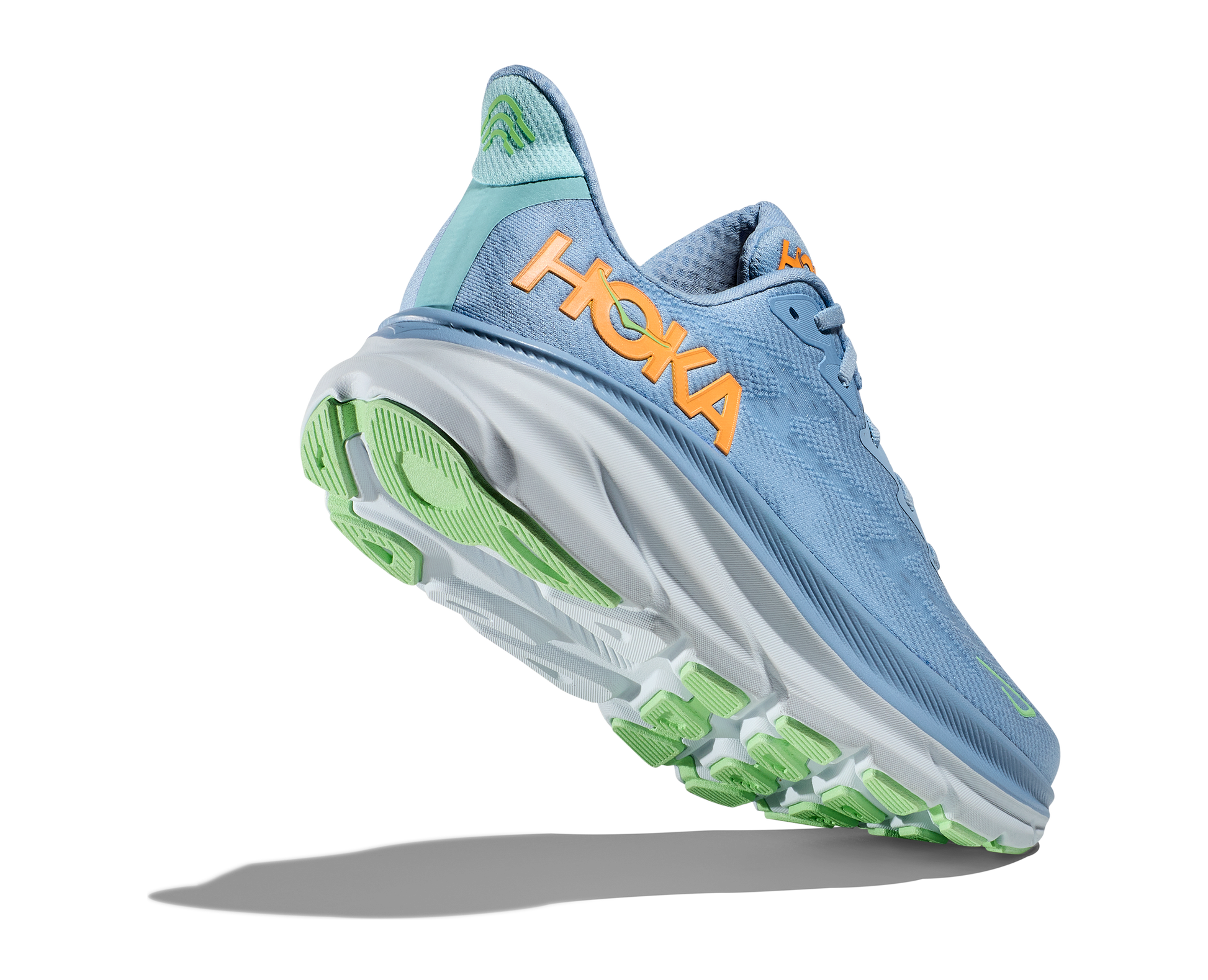 Hoka Men's Clifton 9 light blue and orange heel raised