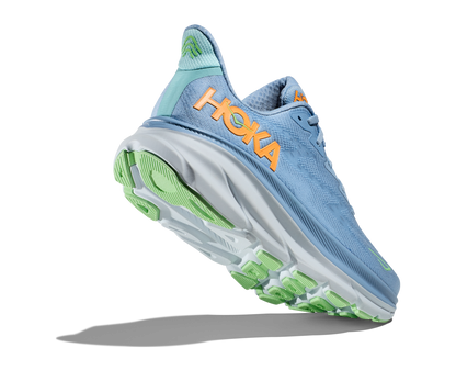 Hoka Men's Clifton 9 light blue and orange heel raised