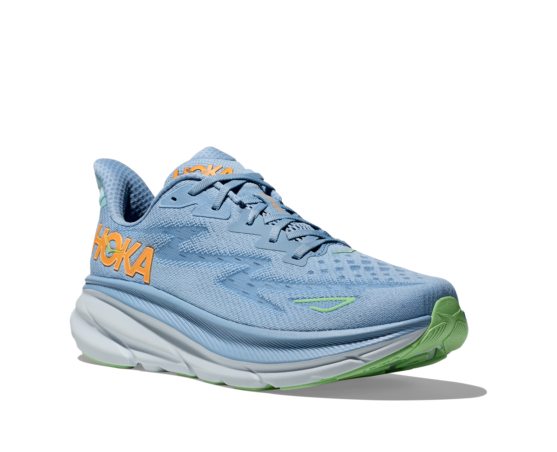 Hoka Men's Clifton 9 light blue and orange front angled view