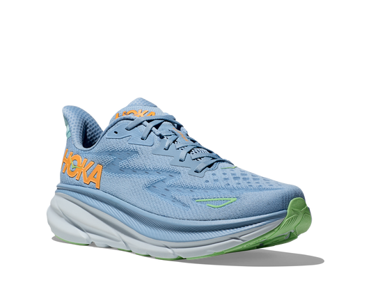 Hoka Men's Clifton 9 light blue and orange front angled view