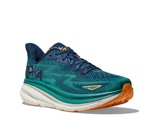 Hoka Men's Clifton 9 green and orange angled side view