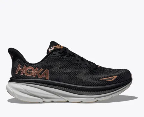 Hoka Clifton 9 black rose and gold side view