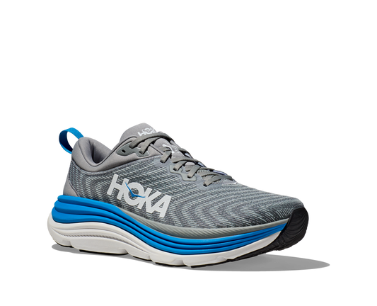 Hoka men's Gaviota 5 stability running shoe blue and grey front side angled view