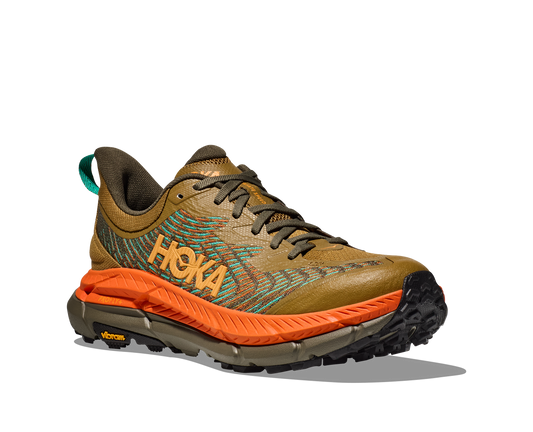 Hoka Mafate Speed men's trail shoe olive, orange side front angled view