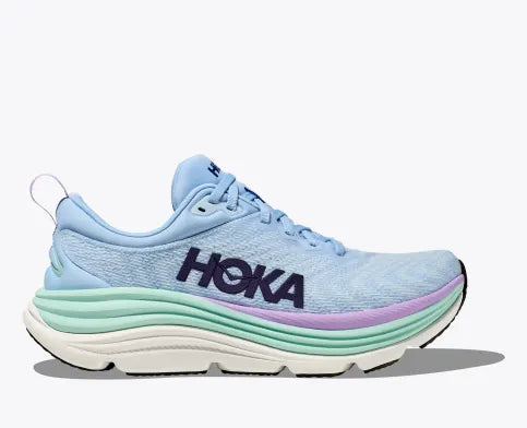 Hoka women's Gaviota 5 stable cushioned running shoe white, light blue, violet