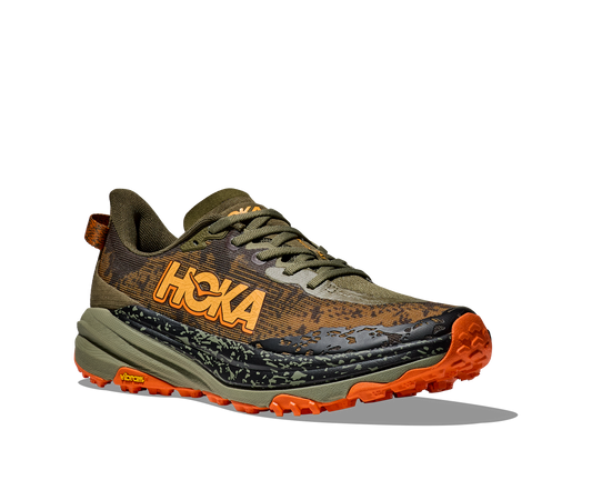 Hoka Speedgoat 6 men's trail running shoe black and orange from outside