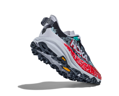 Hoka  Speedgoat 6 grey, red, blue raised heel view