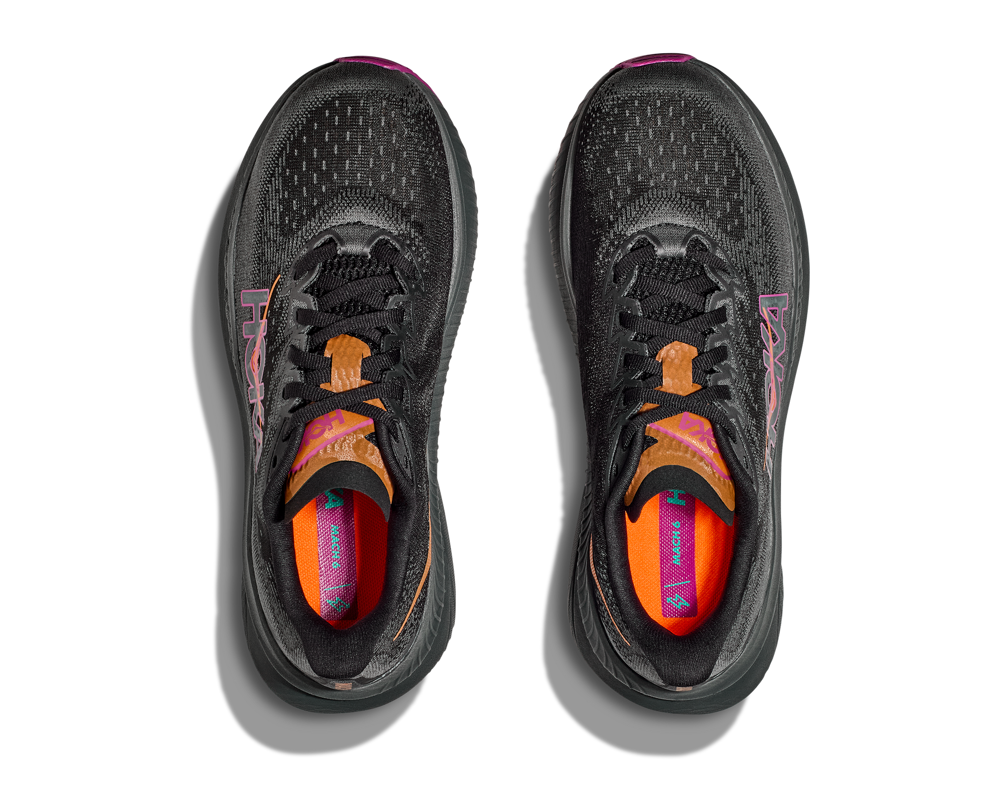 Hoka Women's Mach 6 black and fuschia top view pair