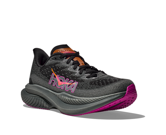 Hoka Women's Mach 6 black and fuschia front side angle view 