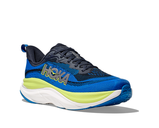 Hoka Men's Skyflow running shoe, Varsity Navy / Electric Cobalt side front view