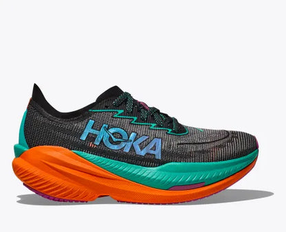 Hoka Mach X2 black, electric aqua, orange side view